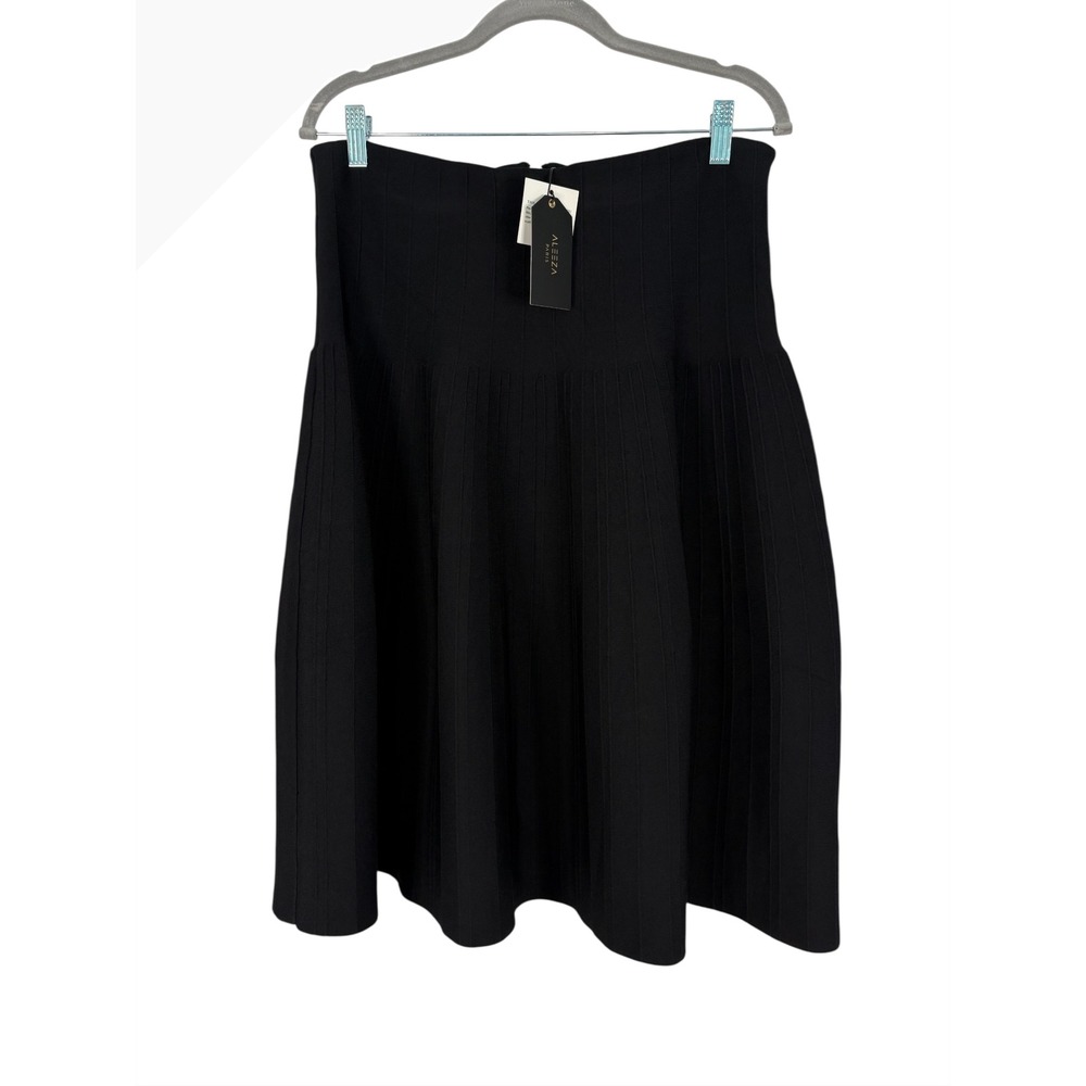 Aleeza Paris Black Ribbed Knit A-Line Midi Skirt High Waist‎ Zipper S625 XL NEW